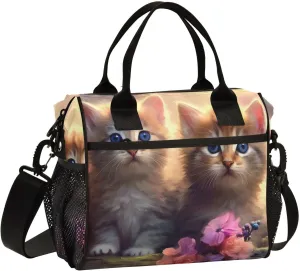 Two Kittens Sitting Log Cooler Bag Lunch Box Lunch Bag Reusable Tote Shoulder Bag Insulated Lunch Bag for Outdoor Picnic Camping