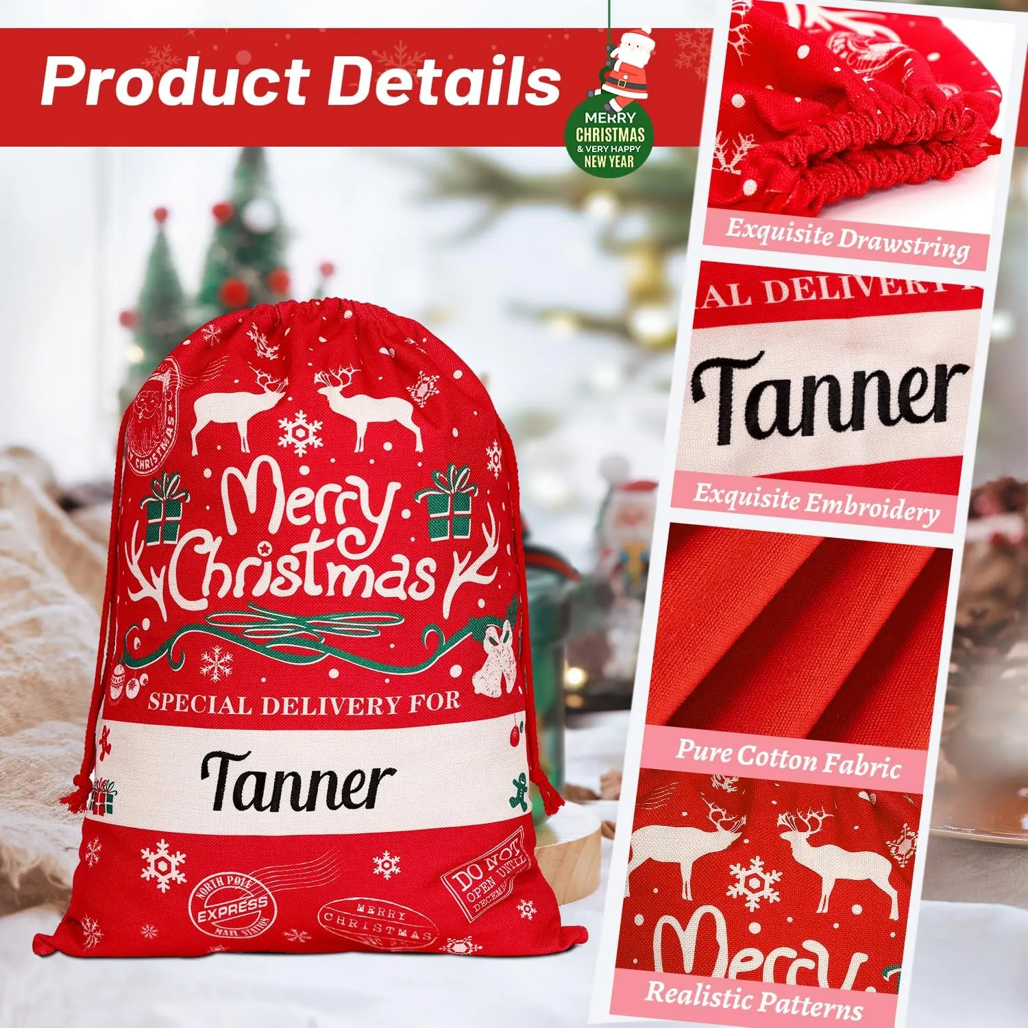 Ulico Personalized Christmas Bag ，Custom Oversized Santa Sack with Embroidered Name ，Christmas Santa Gift Bag Present Bag for Santa，Large Santa Gift Sack，Canvas Stocking Bags for Kids, Family（5 Pcs）