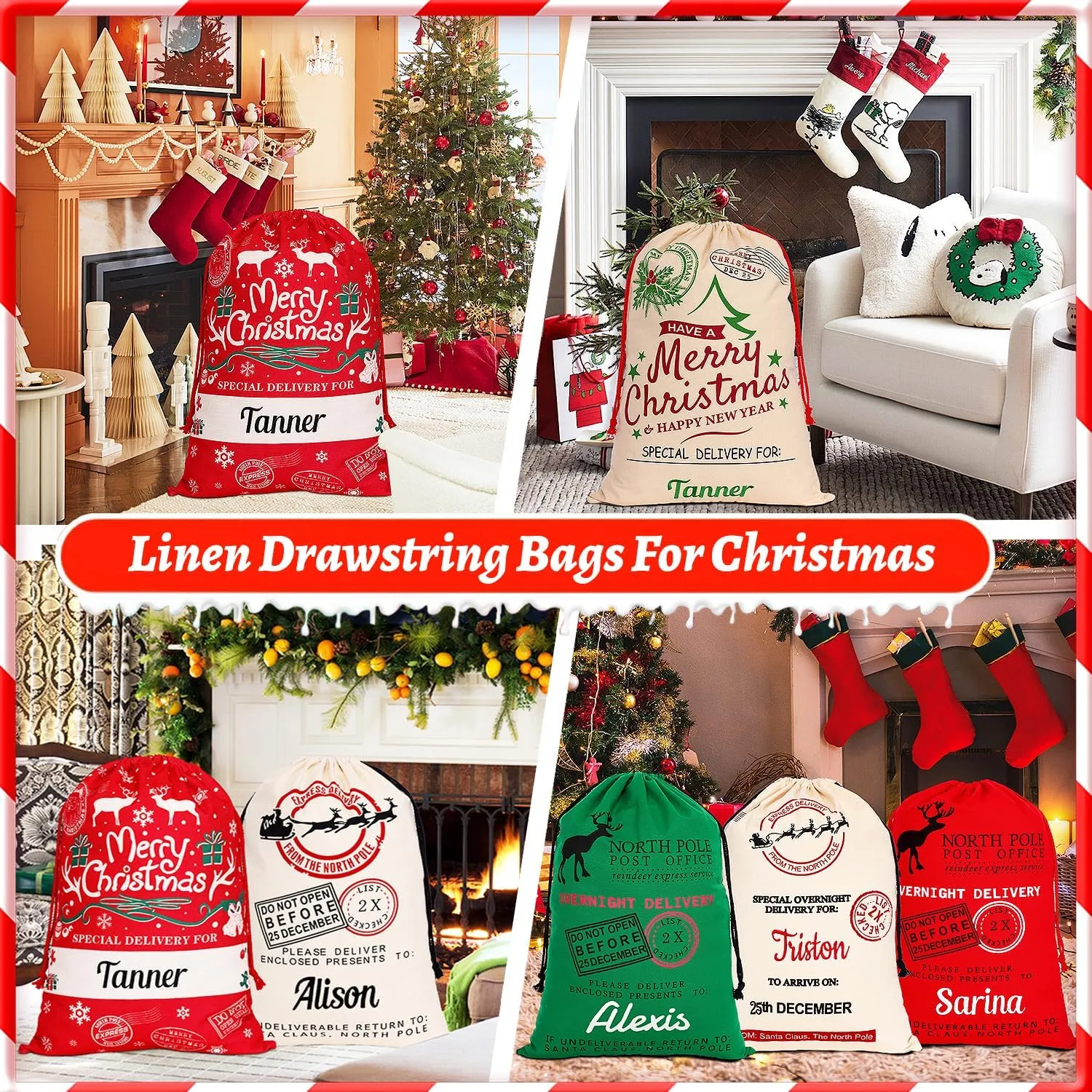 Ulico Personalized Christmas Bag ，Custom Oversized Santa Sack with Embroidered Name ，Christmas Santa Gift Bag Present Bag for Santa，Large Santa Gift Sack，Canvas Stocking Bags for Kids, Family（5 Pcs）
