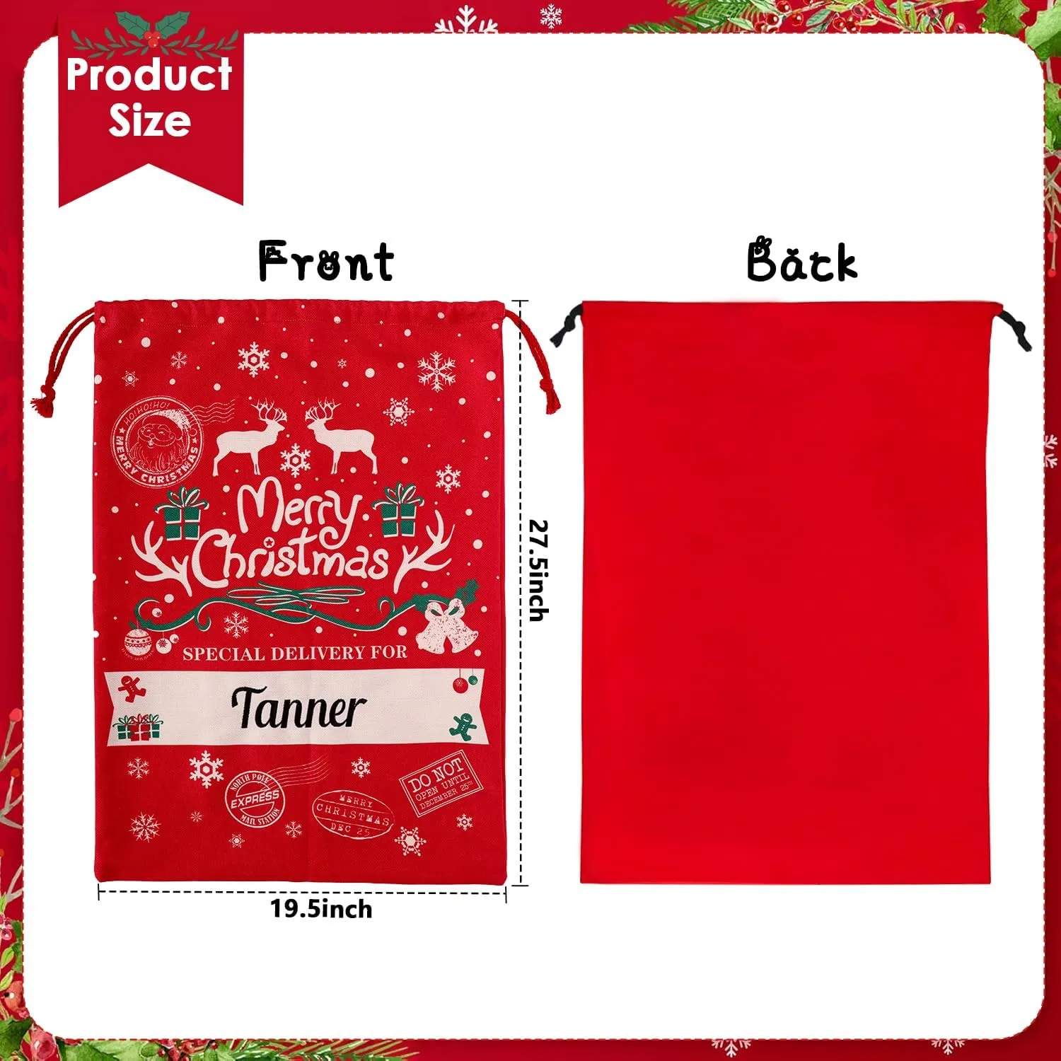 Ulico Personalized Christmas Bag ，Custom Oversized Santa Sack with Embroidered Name ，Christmas Santa Gift Bag Present Bag for Santa，Large Santa Gift Sack，Canvas Stocking Bags for Kids, Family（5 Pcs）