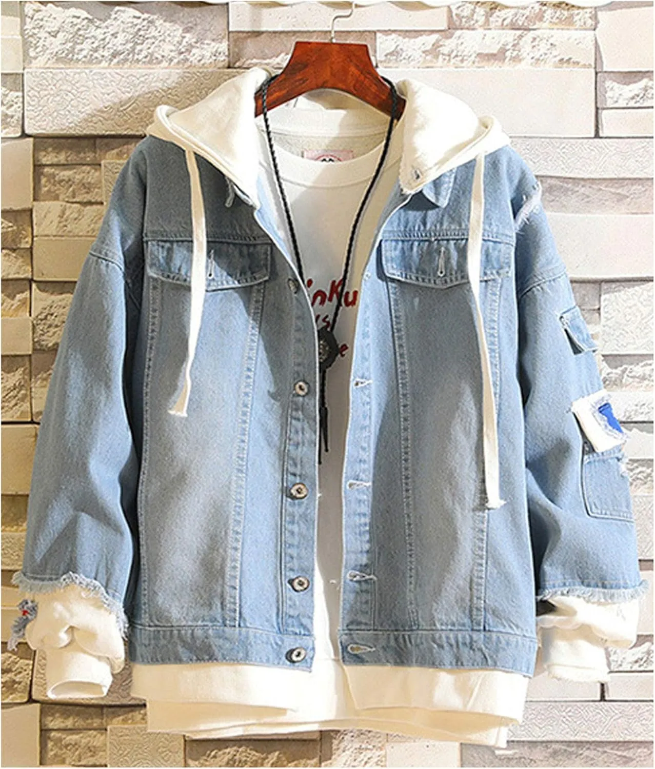 Unisex False Two Pieces Denim Jacket Fashion Denim Hoodies Coats Button Down Hoodie for Teen Adult