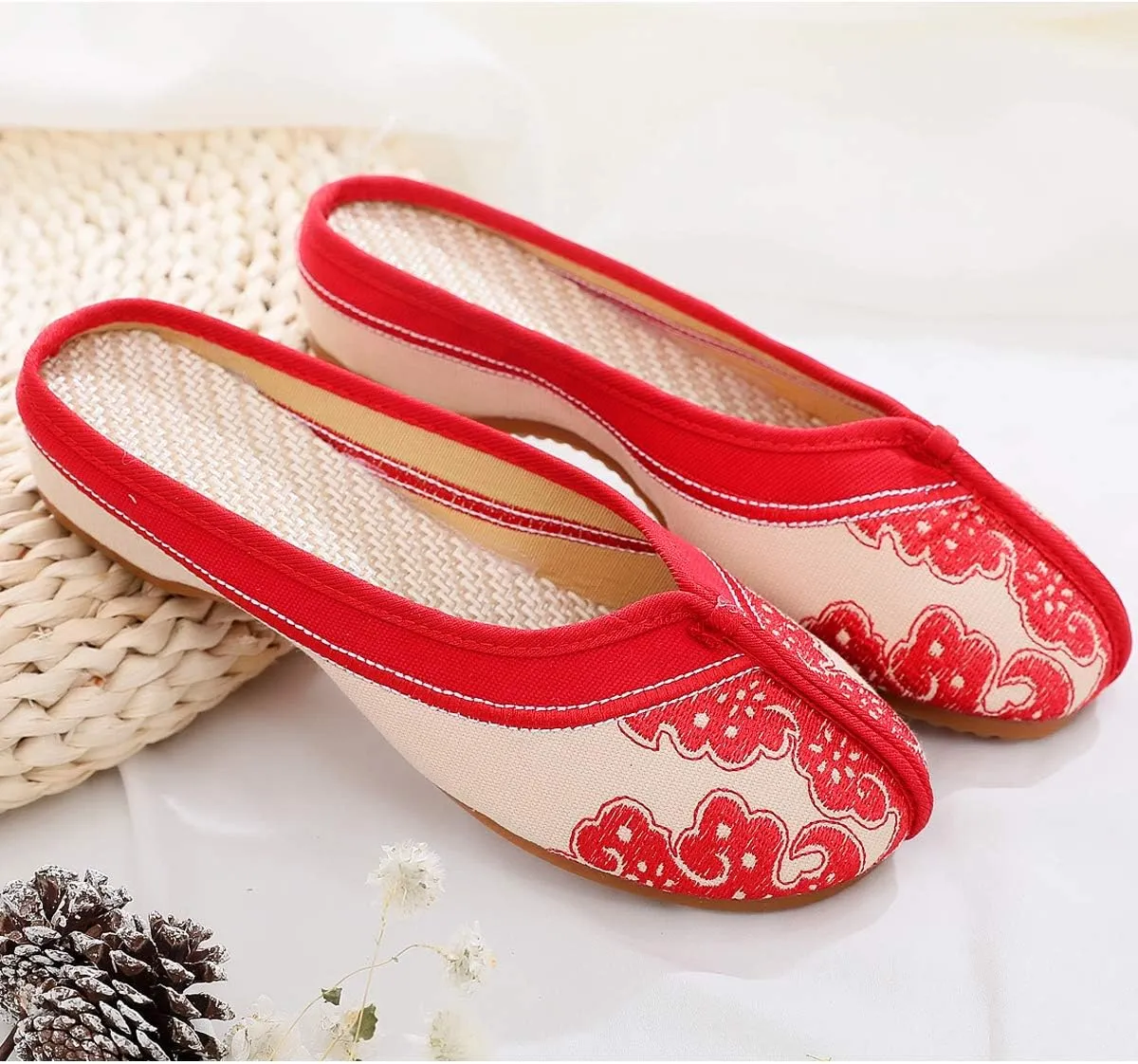 Unpafcxddyig Women's Embroidered Flats Backless Shoes Household Chinese Style Casual Slippers