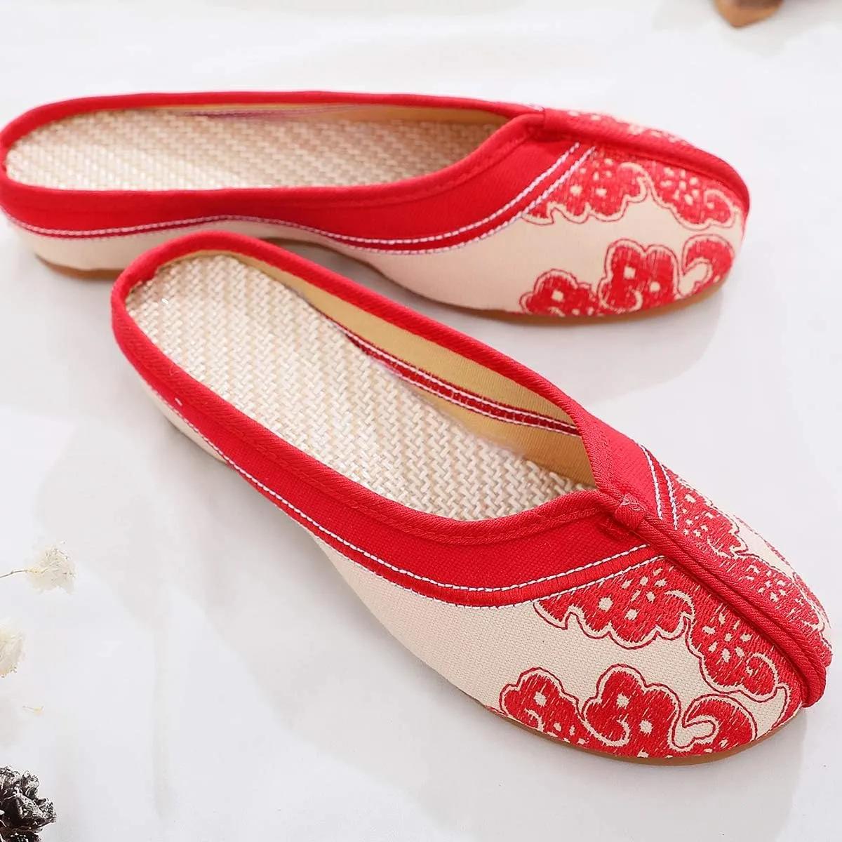 Unpafcxddyig Women's Embroidered Flats Backless Shoes Household Chinese Style Casual Slippers