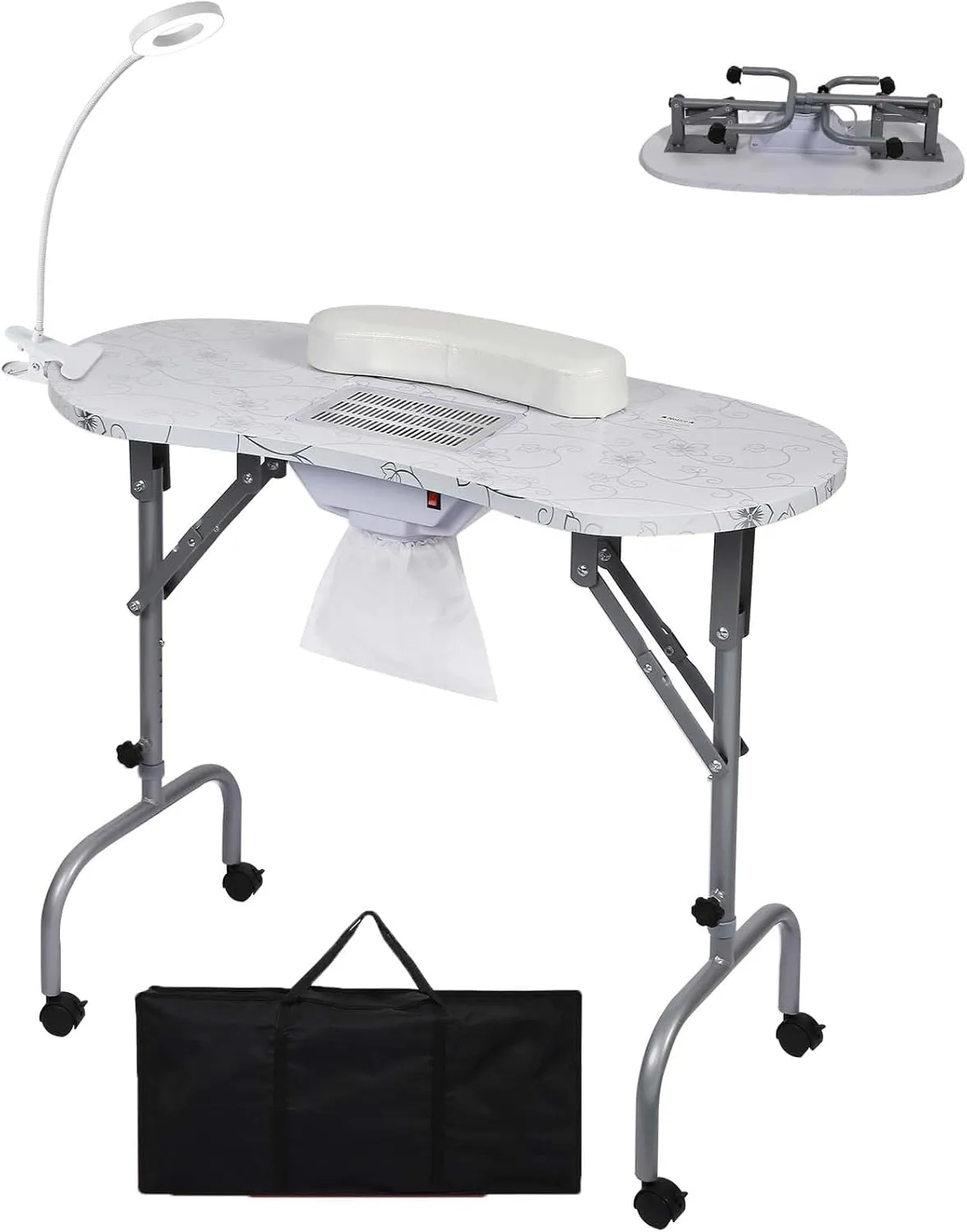 Updated Manicure Nail Table on Wheels with Built-in Dust Collector, Portable LED Table Lamp, Carry Bag for Home Spa Beauty Salon Workstation, Adjustable Height, White