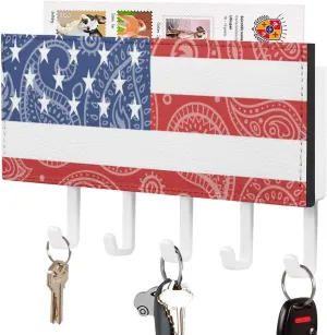 U.S. Flag Paisley Pattern Novelty Key Holder Funny Keys Hook Mail Organizer Hanging Rack Decor with 5 Hooks for Wall