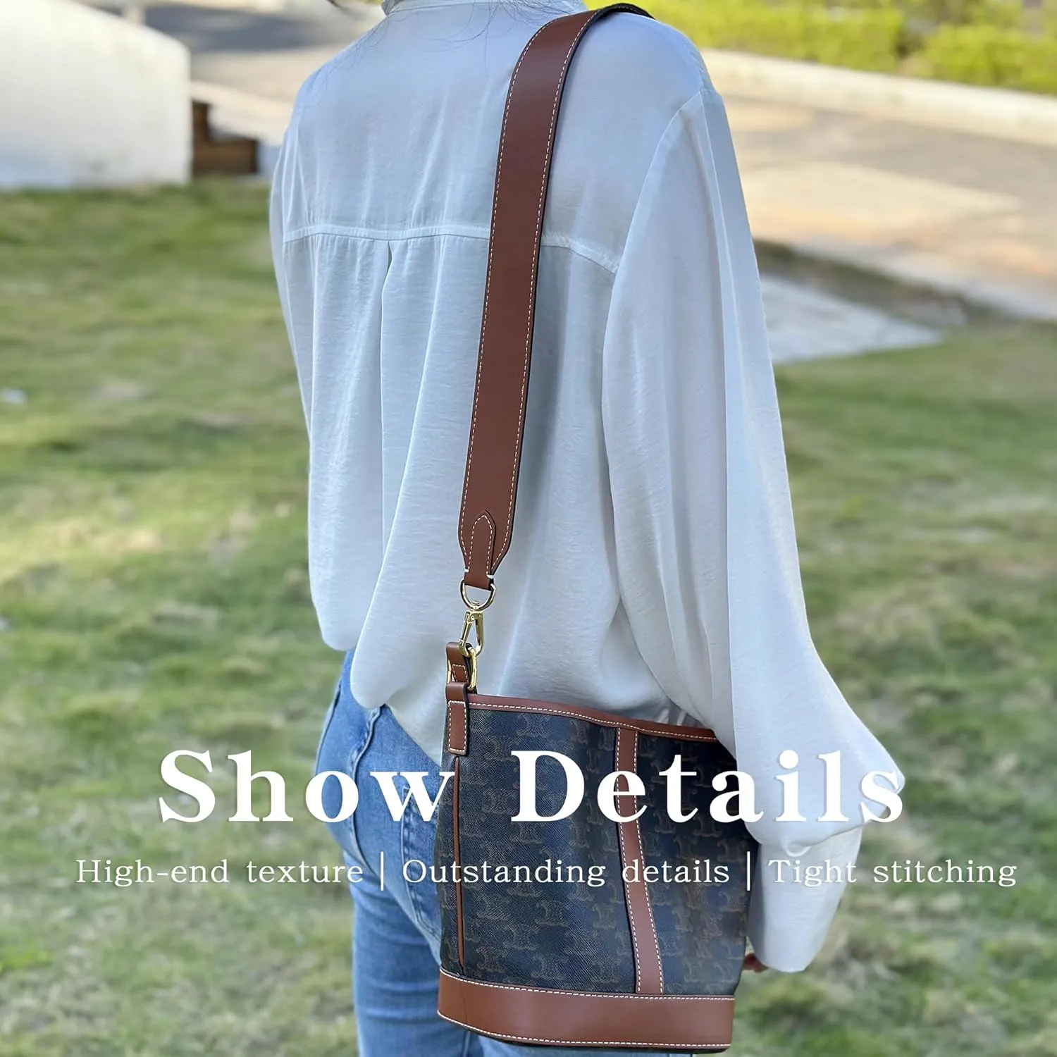 Vachetta Leather Strap for Celin Bucket bag, Multi length Handmade Cowhide Crossbody Purse Strap for Handbag 【1.5inch wide 27.6inch long, Caramel (Caramel thread)】