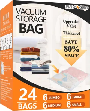 Vacuum Storage Bags, Upgraded 24 Pack(6 Jumbo/6 Large/6 Medium/6 Small)Vacuum Seal Bags for Clothing Travel, Space Bag Vaccine Sealed Storage Bag Compression Suction for Packing Blanket Bedding