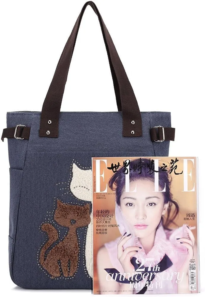 Valentoria Canvas Tote Handbag for Women Cute Cat Embroidery Shoulder Purse Large Zipper Travel Work Shopping Grocery Bags