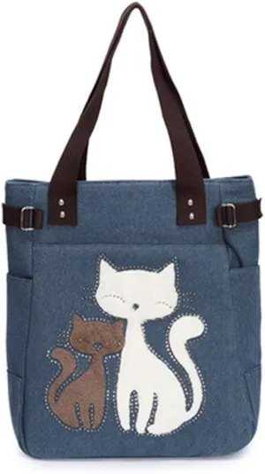 Valentoria Canvas Tote Handbag for Women Cute Cat Embroidery Shoulder Purse Large Zipper Travel Work Shopping Grocery Bags