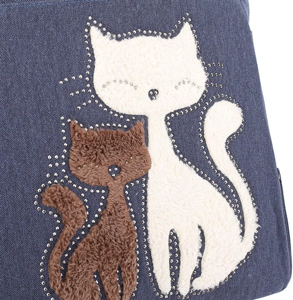 Valentoria Canvas Tote Handbag for Women Cute Cat Embroidery Shoulder Purse Large Zipper Travel Work Shopping Grocery Bags