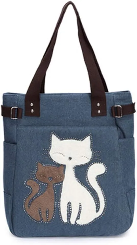 Valentoria Canvas Tote Handbag for Women Cute Cat Embroidery Shoulder Purse Large Zipper Travel Work Shopping Grocery Bags