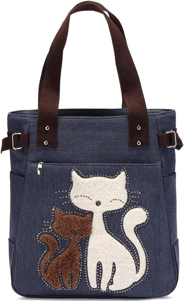 Valentoria Canvas Tote Handbag for Women Cute Cat Embroidery Shoulder Purse Large Zipper Travel Work Shopping Grocery Bags