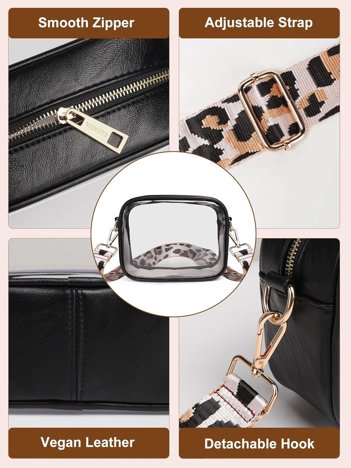 Vangue Clear Purse for Women Stadium Approved, Clear Crossbody Bag with Adjutable Strap, Transparent Bag for Sports Concert