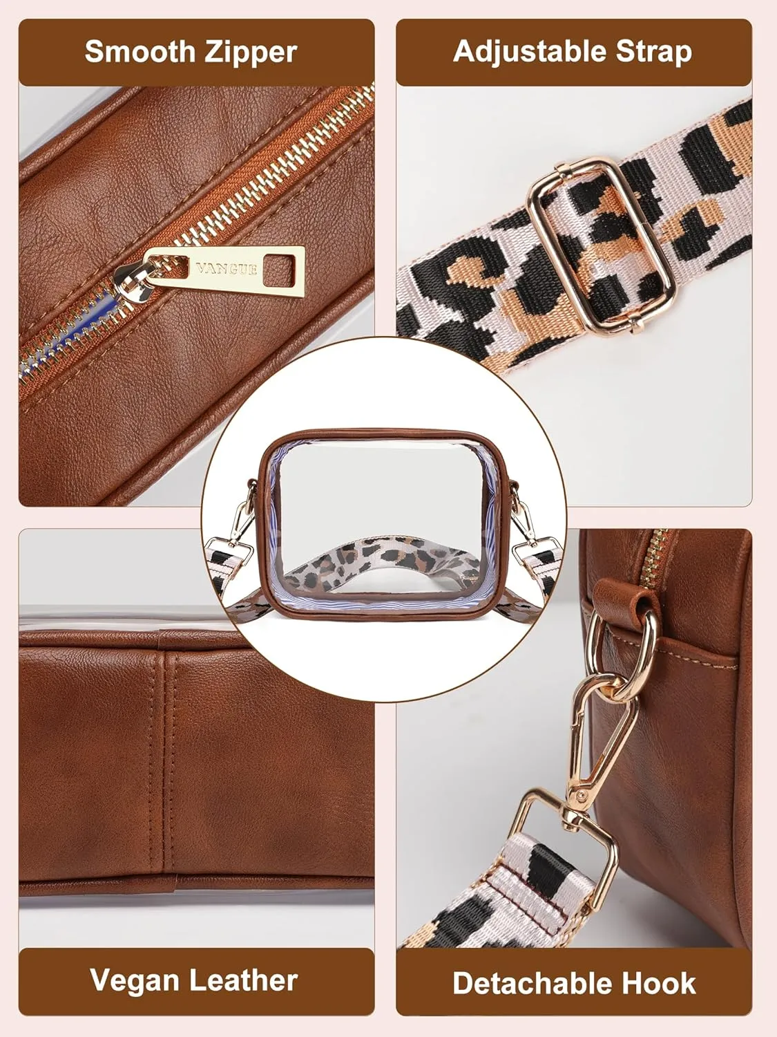 Vangue Clear Purse for Women Stadium Approved, Clear Crossbody Bag with Adjutable Strap, Transparent Bag for Sports Concert
