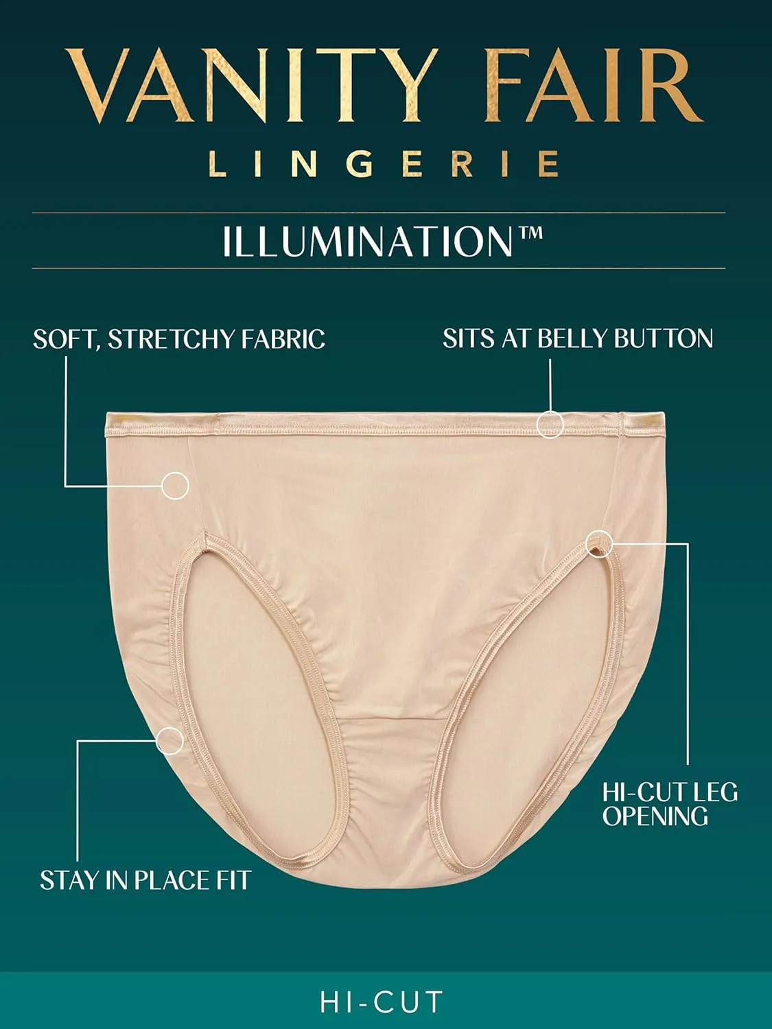 Vanity Fair Women's Illumination Hi Cut Panties, Silky Stretch & Satin Trim