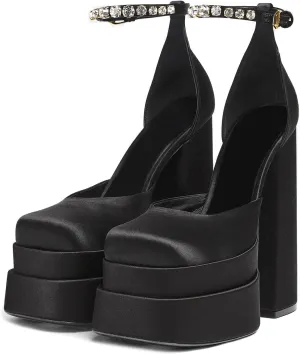 VARECOLA Women Silk Satin Chunky Pumps Shoes Rhinestone Belt Platform Ankle Strap Block High Heels