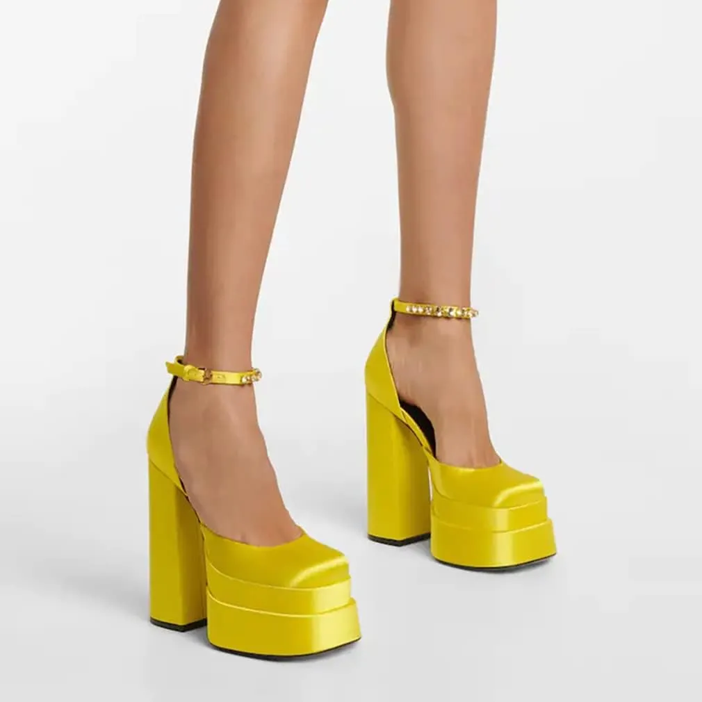 VARECOLA Women Silk Satin Chunky Pumps Shoes Rhinestone Belt Platform Ankle Strap Block High Heels