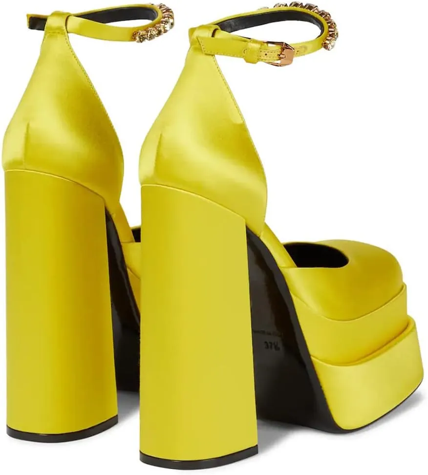 VARECOLA Women Silk Satin Chunky Pumps Shoes Rhinestone Belt Platform Ankle Strap Block High Heels
