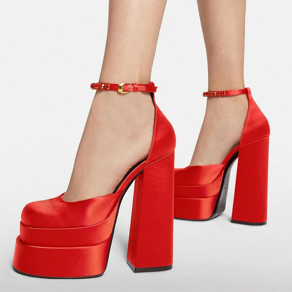 VARECOLA Women Silk Satin Chunky Pumps Shoes Rhinestone Belt Platform Ankle Strap Block High Heels