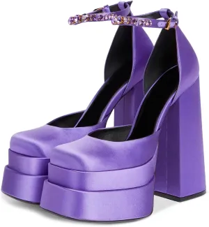 VARECOLA Women Silk Satin Chunky Pumps Shoes Rhinestone Belt Platform Ankle Strap Block High Heels