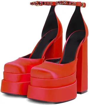 VARECOLA Women Silk Satin Chunky Pumps Shoes Rhinestone Belt Platform Ankle Strap Block High Heels