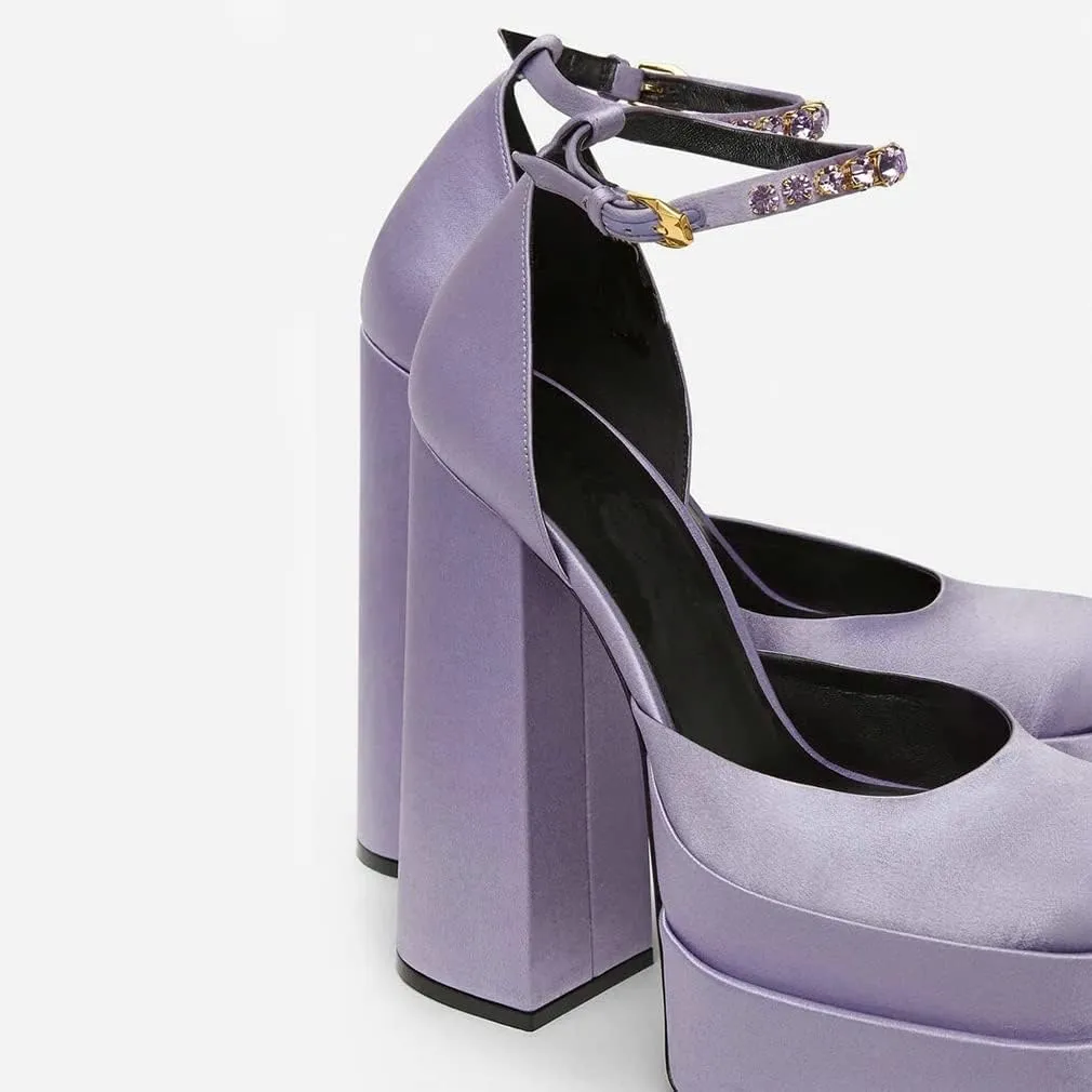VARECOLA Women Silk Satin Chunky Pumps Shoes Rhinestone Belt Platform Ankle Strap Block High Heels