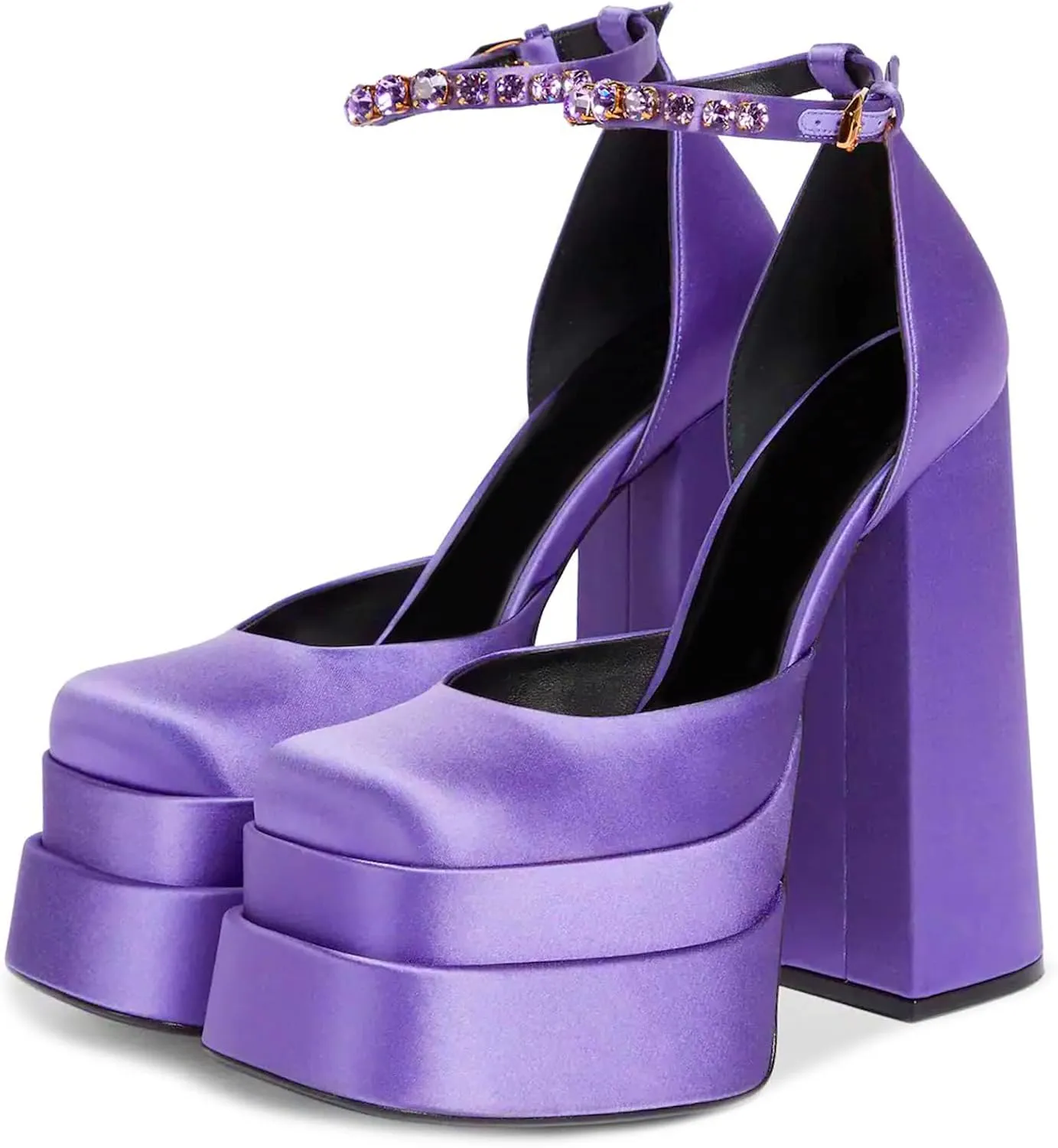 VARECOLA Women Silk Satin Chunky Pumps Shoes Rhinestone Belt Platform Ankle Strap Block High Heels