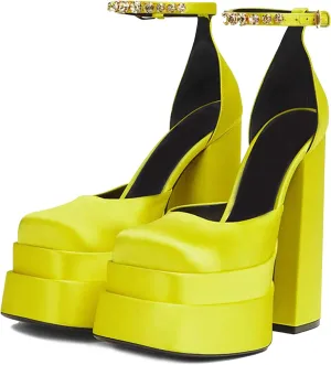VARECOLA Women Silk Satin Chunky Pumps Shoes Rhinestone Belt Platform Ankle Strap Block High Heels