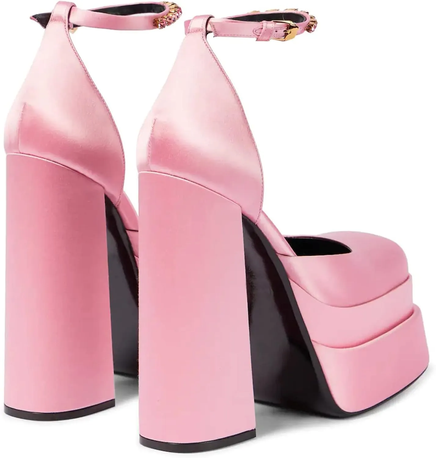 VARECOLA Women Silk Satin Chunky Pumps Shoes Rhinestone Belt Platform Ankle Strap Block High Heels