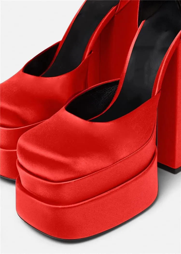 VARECOLA Women Silk Satin Chunky Pumps Shoes Rhinestone Belt Platform Ankle Strap Block High Heels