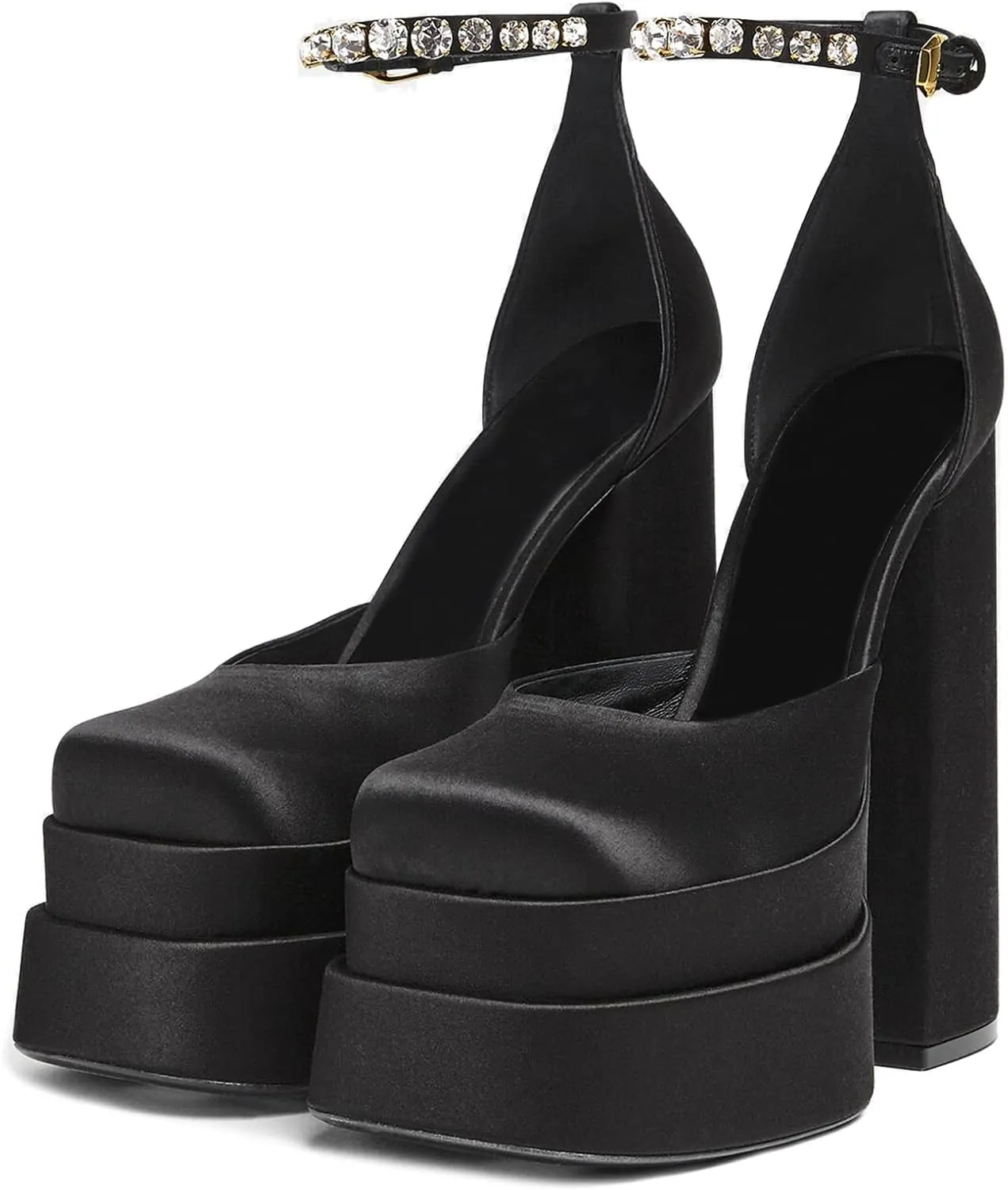 VARECOLA Women Silk Satin Chunky Pumps Shoes Rhinestone Belt Platform Ankle Strap Block High Heels