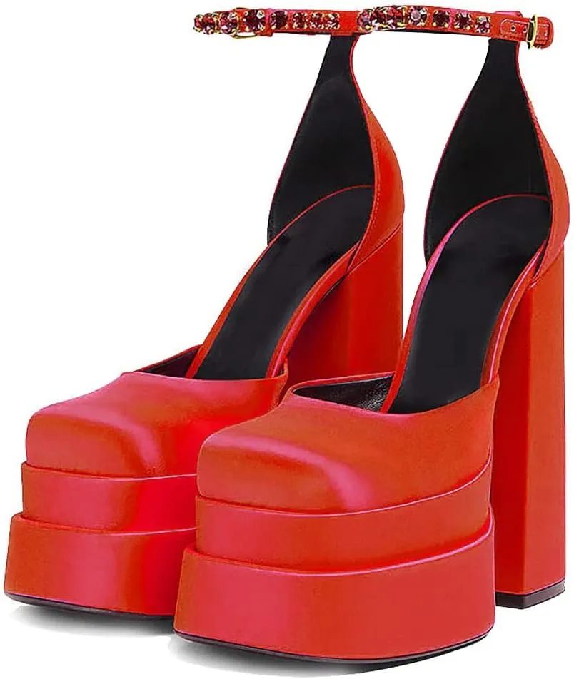 VARECOLA Women Silk Satin Chunky Pumps Shoes Rhinestone Belt Platform Ankle Strap Block High Heels