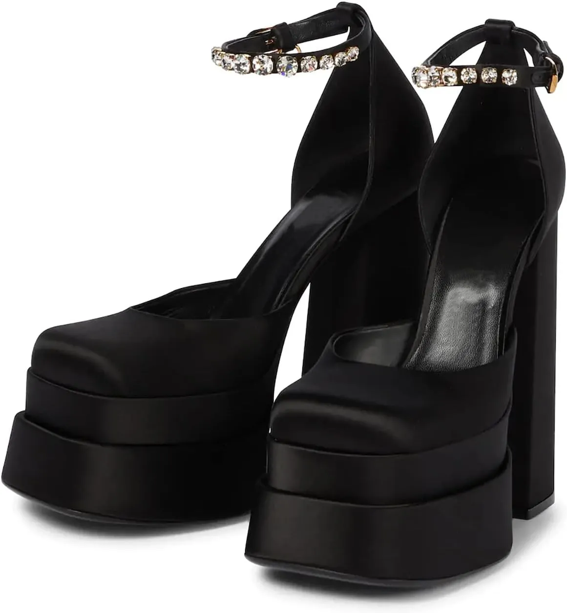 VARECOLA Women Silk Satin Chunky Pumps Shoes Rhinestone Belt Platform Ankle Strap Block High Heels