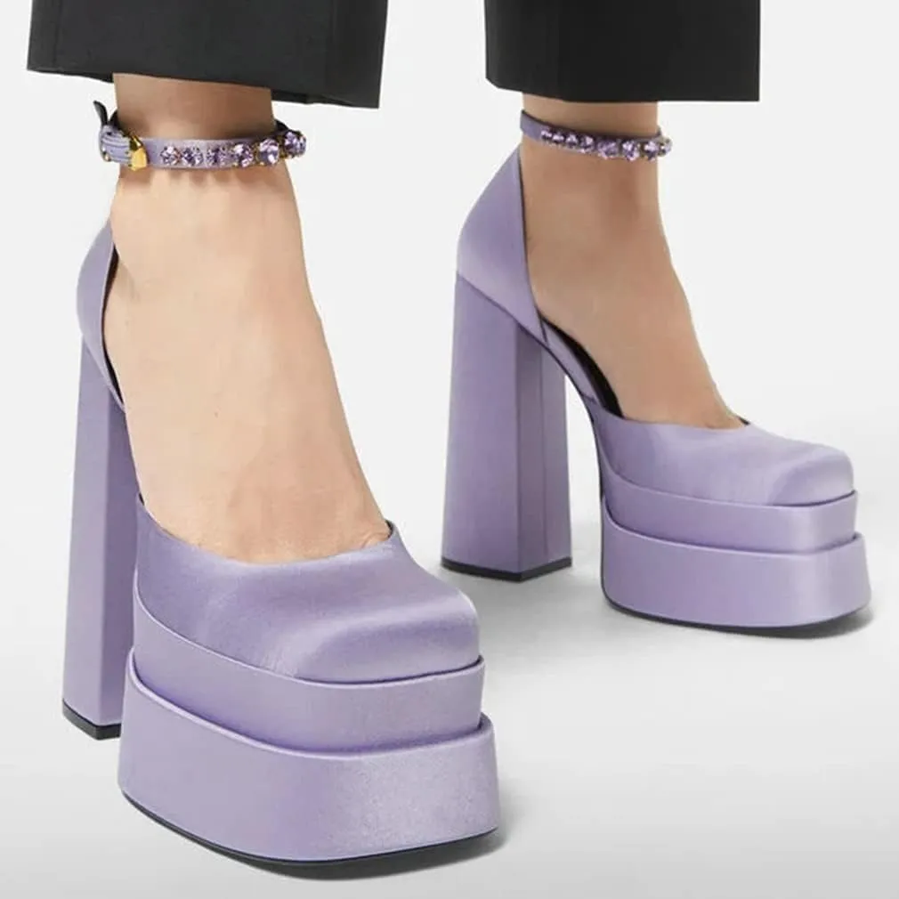 VARECOLA Women Silk Satin Chunky Pumps Shoes Rhinestone Belt Platform Ankle Strap Block High Heels