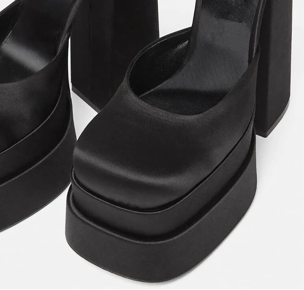 VARECOLA Women Silk Satin Chunky Pumps Shoes Rhinestone Belt Platform Ankle Strap Block High Heels
