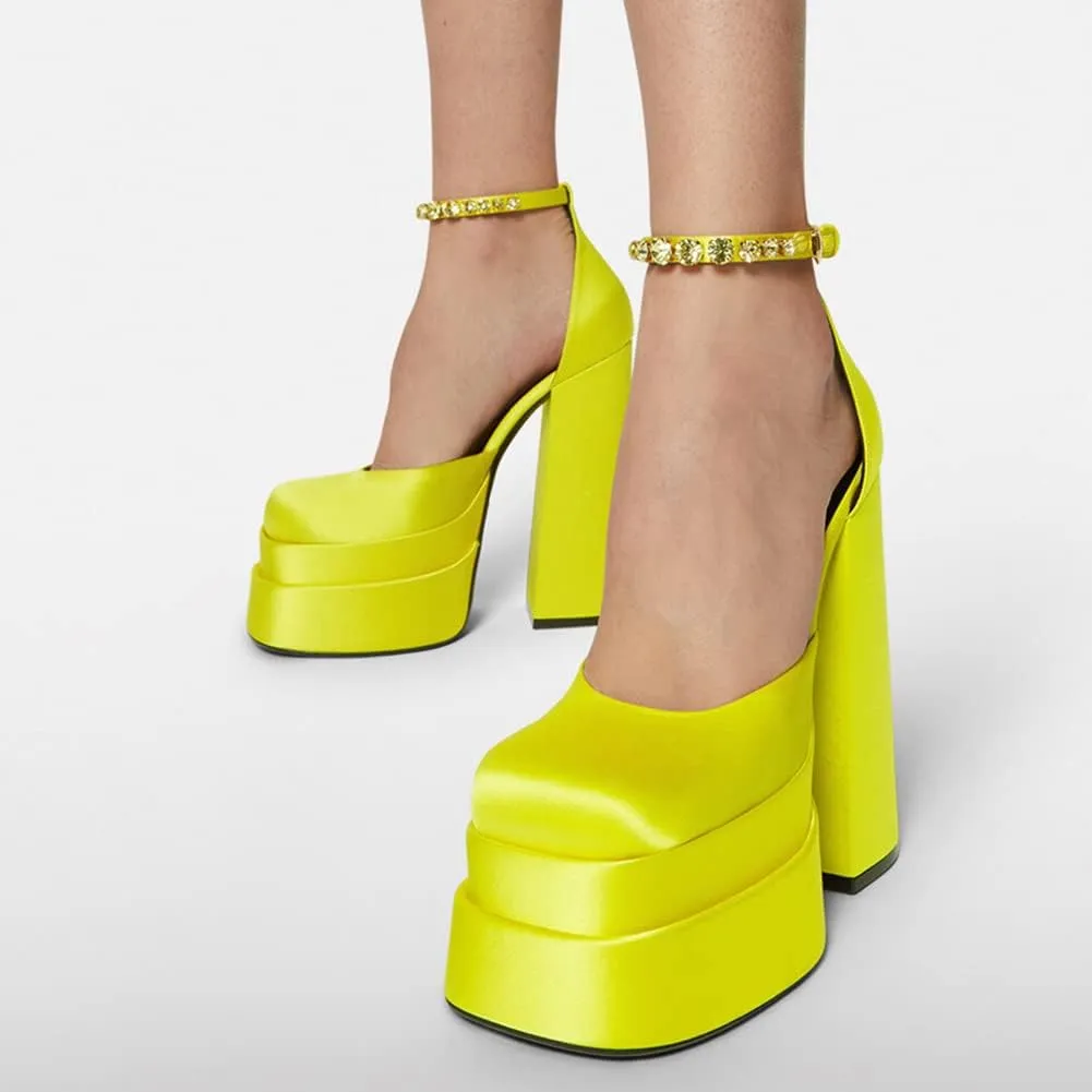 VARECOLA Women Silk Satin Chunky Pumps Shoes Rhinestone Belt Platform Ankle Strap Block High Heels