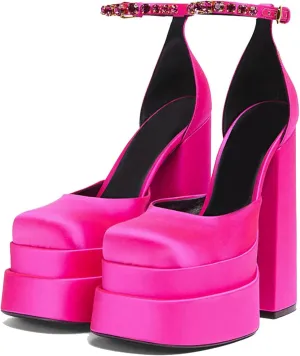 VARECOLA Women Silk Satin Chunky Pumps Shoes Rhinestone Belt Platform Ankle Strap Block High Heels