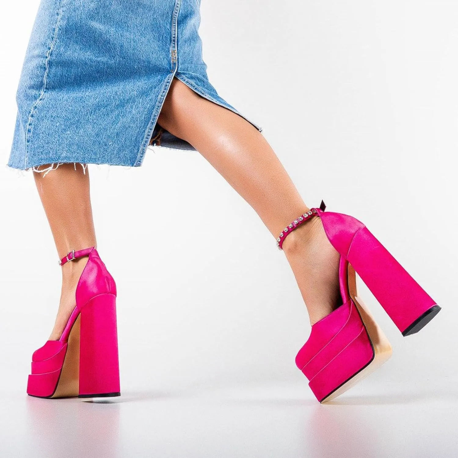 VARECOLA Women Silk Satin Chunky Pumps Shoes Rhinestone Belt Platform Ankle Strap Block High Heels