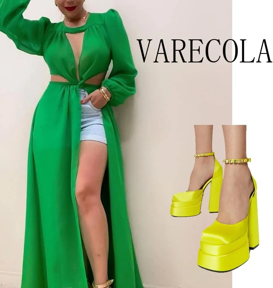 VARECOLA Women Silk Satin Chunky Pumps Shoes Rhinestone Belt Platform Ankle Strap Block High Heels