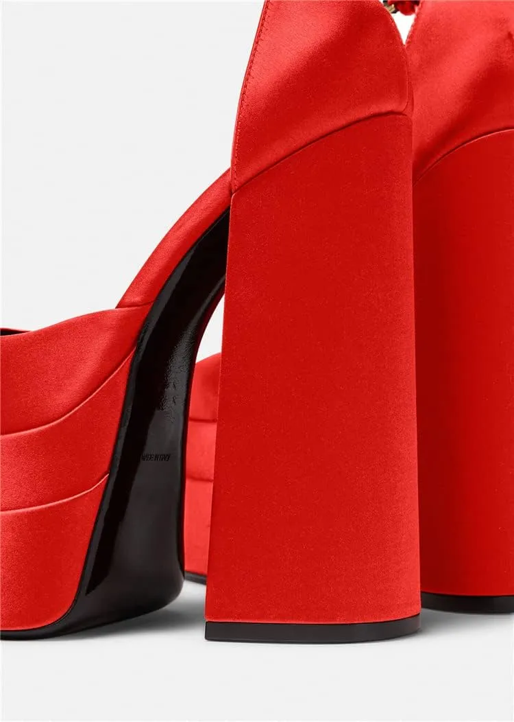 VARECOLA Women Silk Satin Chunky Pumps Shoes Rhinestone Belt Platform Ankle Strap Block High Heels