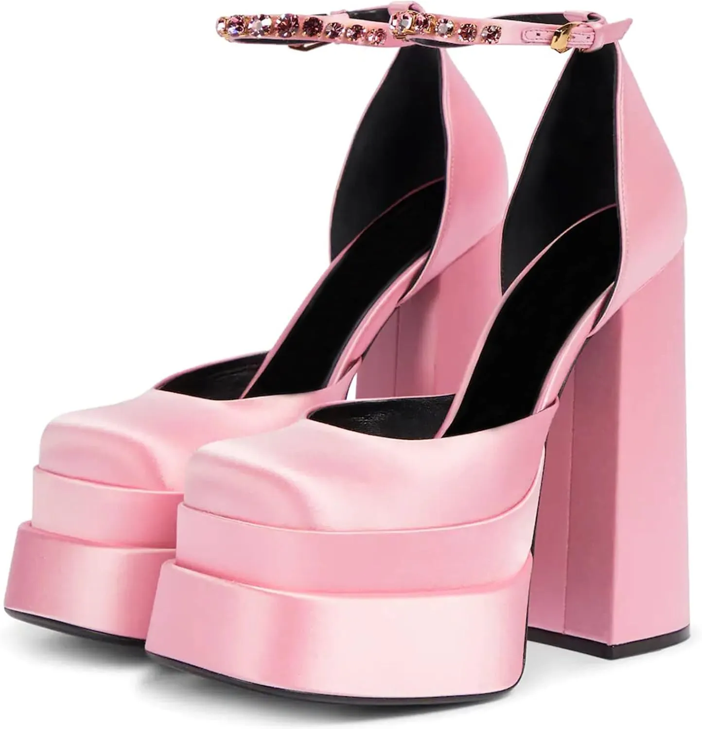 VARECOLA Women Silk Satin Chunky Pumps Shoes Rhinestone Belt Platform Ankle Strap Block High Heels