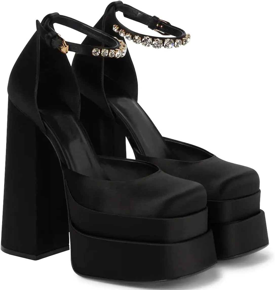 VARECOLA Women Silk Satin Chunky Pumps Shoes Rhinestone Belt Platform Ankle Strap Block High Heels