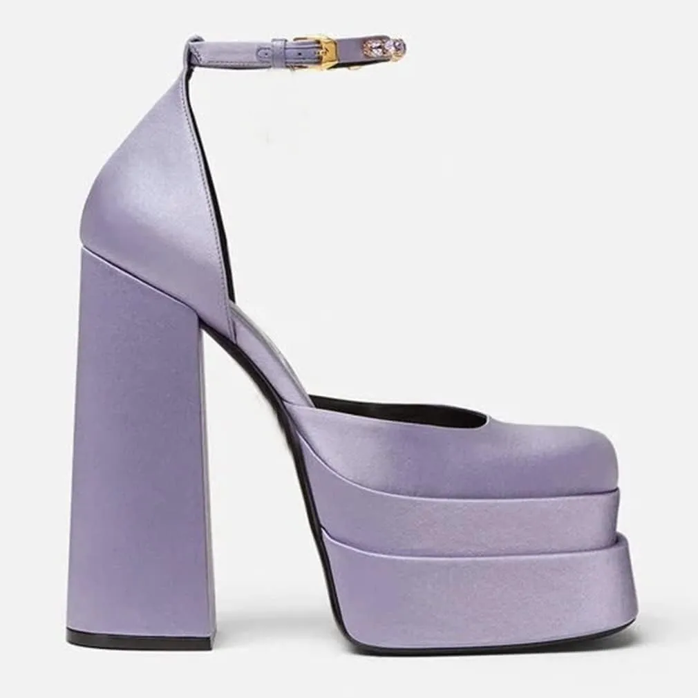 VARECOLA Women Silk Satin Chunky Pumps Shoes Rhinestone Belt Platform Ankle Strap Block High Heels
