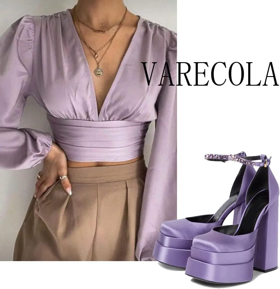 VARECOLA Women Silk Satin Chunky Pumps Shoes Rhinestone Belt Platform Ankle Strap Block High Heels