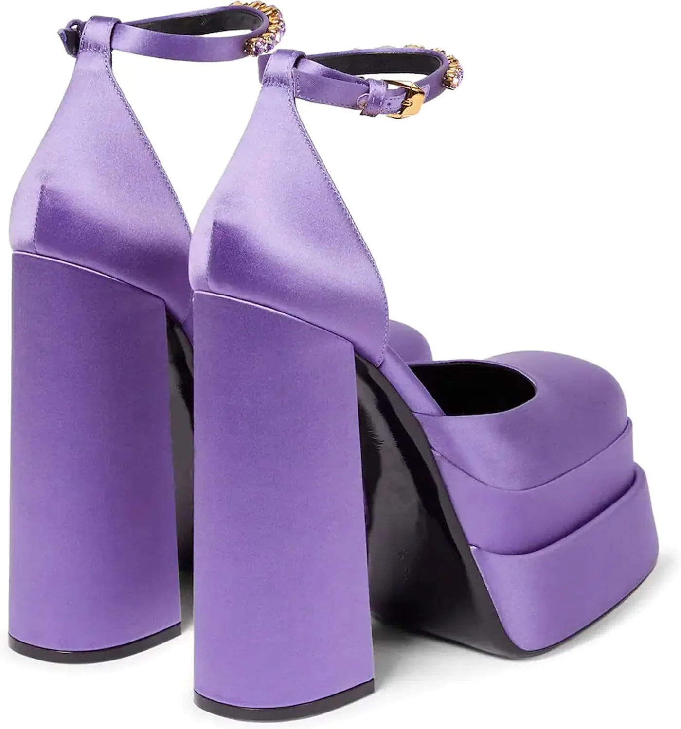 VARECOLA Women Silk Satin Chunky Pumps Shoes Rhinestone Belt Platform Ankle Strap Block High Heels
