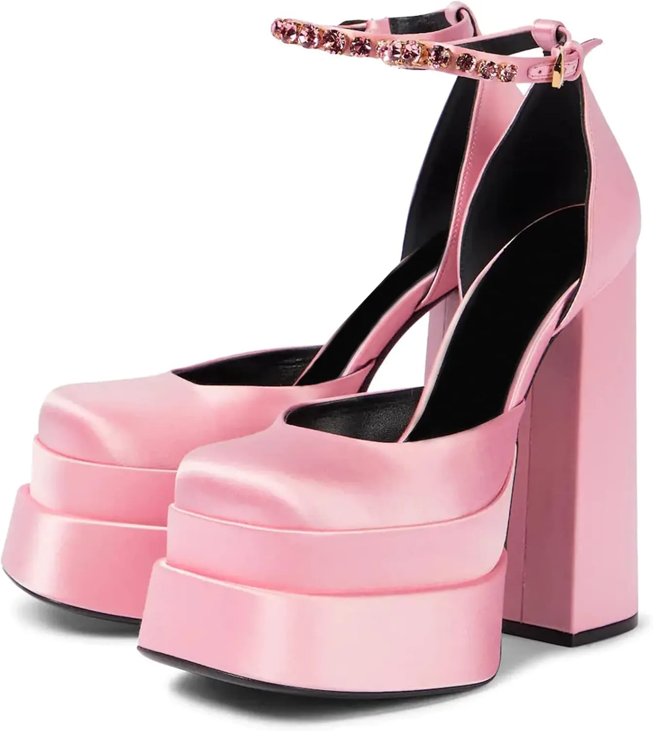 VARECOLA Women Silk Satin Chunky Pumps Shoes Rhinestone Belt Platform Ankle Strap Block High Heels