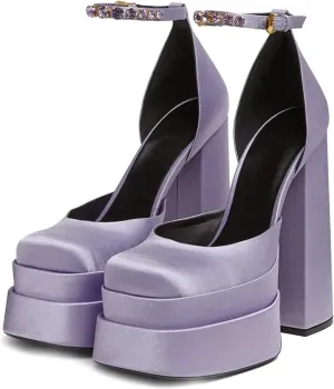 VARECOLA Women Silk Satin Chunky Pumps Shoes Rhinestone Belt Platform Ankle Strap Block High Heels