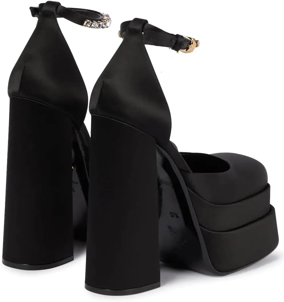 VARECOLA Women Silk Satin Chunky Pumps Shoes Rhinestone Belt Platform Ankle Strap Block High Heels