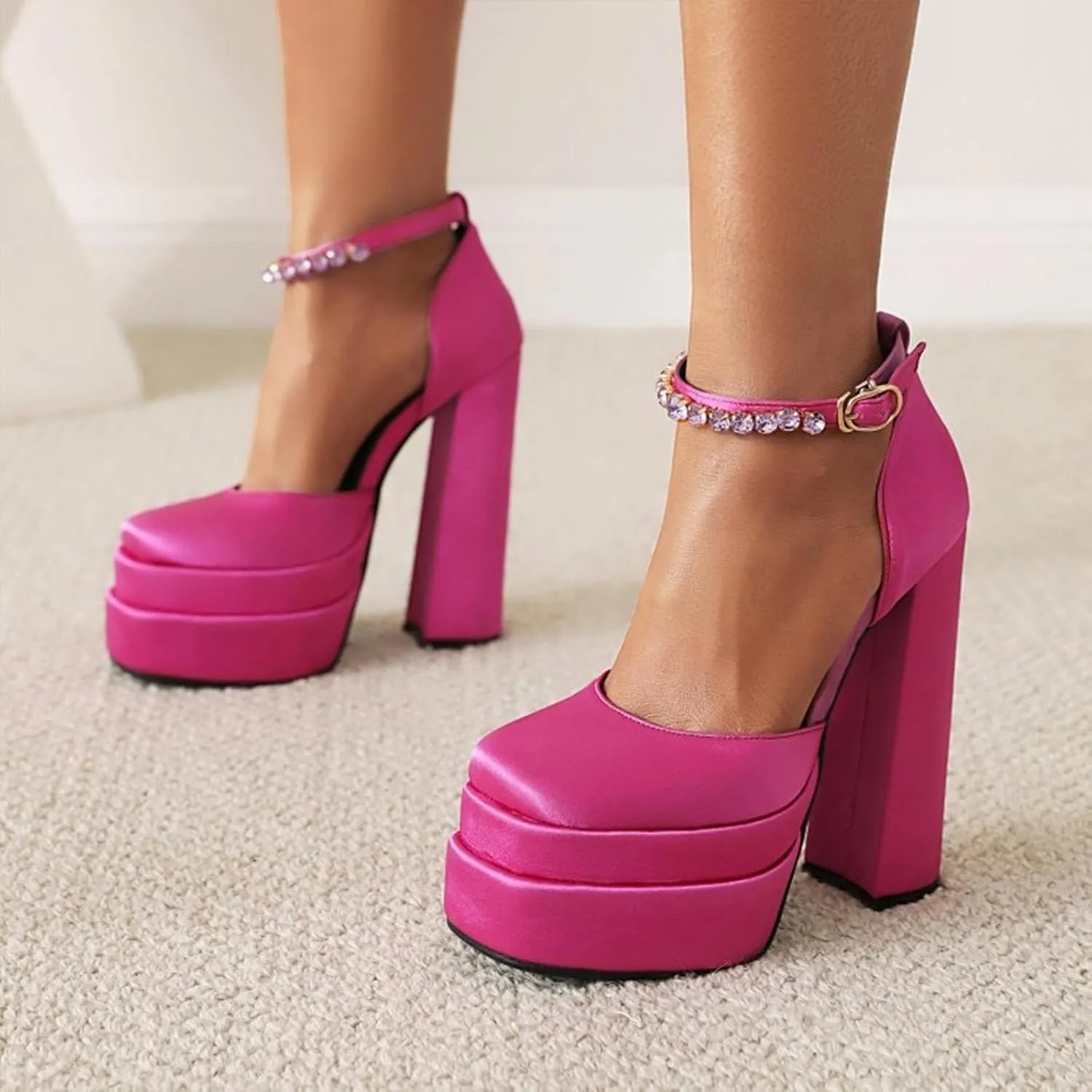 VARECOLA Women Silk Satin Chunky Pumps Shoes Rhinestone Belt Platform Ankle Strap Block High Heels
