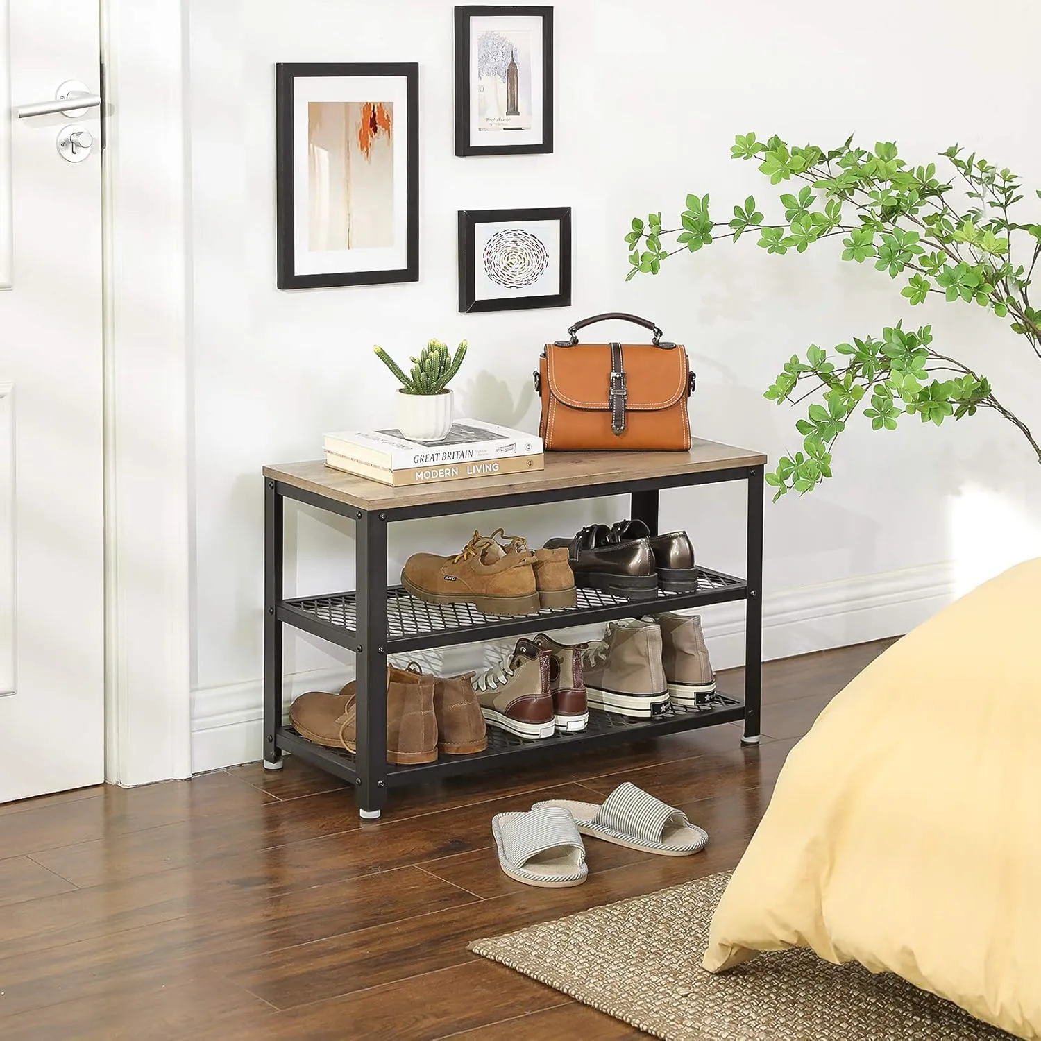 VASAGLE, 3-Tier Shoe Rack, Shelf Storage Bench with Metal Mesh Shelves and Seat, Free Standing Shoe Organizer for Entryway, 11.8 x 28.7 x 17.7 Inches, Greige and Black ULBS73MB